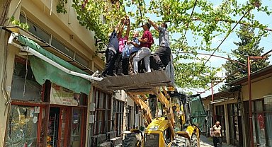 Özgan, tarihi çarşının çatısını saran asmadan üzüm topladı