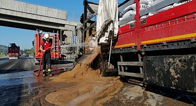 Yem yüklü tır seyir halindeyken yandı