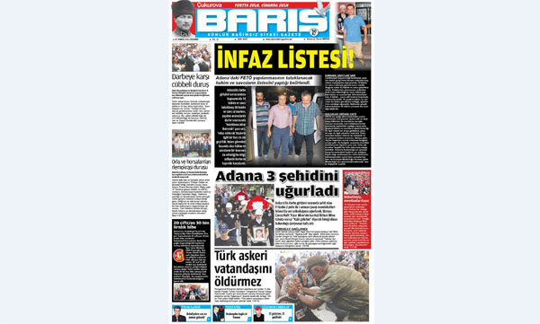 Ç. BARIŞ GAZETESİ 20.07.2016 TARİHLİ 1. SAYFA