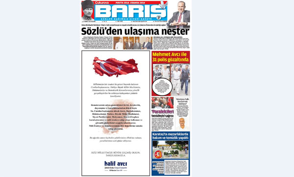Ç. BARIŞ GAZETESİ 21.07.2016 TARİHLİ 1. SAYFA