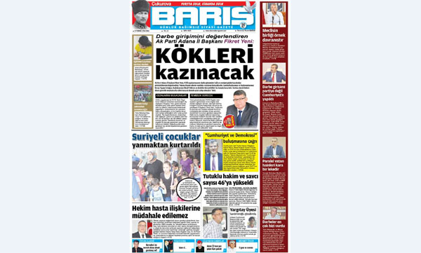 ÇUKUROVA BARIŞ GAZETESİ 22.07.2016 TARİHLİ 1. SAYFA
