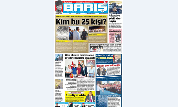 ÇUKUROVA BARIŞ GAZETESİ 26.07.2016 TARİHLİ 1. SAYFA