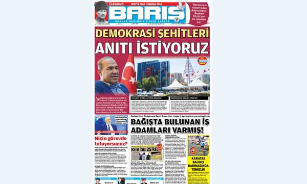 ÇUKUROVA BARIŞ GAZETESİ 27.07.2016 TARİHLİ 1. SAYFA