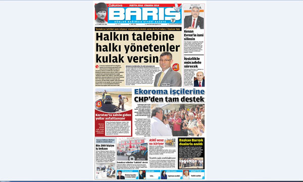 ÇUKUROVA BARIŞ GAZETESİ 29.07.2016 TARİHLİ 1. SAYFA