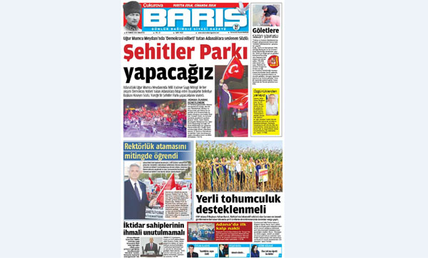 ÇUKUROVA BARIŞ GAZETESİ 30.07.2016 TARİHLİ 1. SAYFA