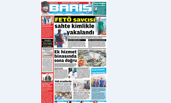 ÇUKUROVA BARIŞ GAZETESİ 02.08.2016 TARİHLİ 1. SAYFA