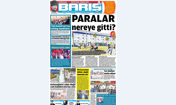 ÇUKUROVA BARIŞ GAZETESİ 09.08.2016 TARİHLİ 1. SAYFA