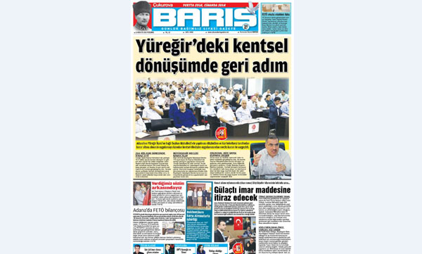 ÇUKUROVA BARIŞ GAZETESİ 11.08.2016 TARİHLİ 1. SAYFA