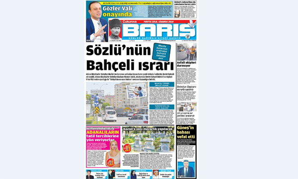 ÇUKUROVA BARIŞ GAZETESİ 12.08.2016 TARİHLİ 1. SAYFA