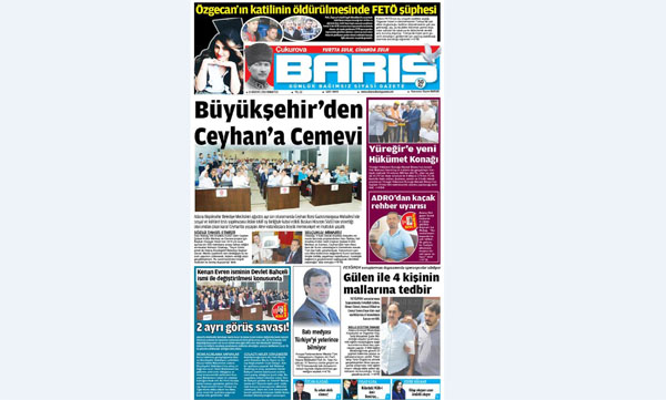 ÇUKUROVA BARIŞ GAZETESİ 13.08.2016 TARİHLİ 1. SAYFA