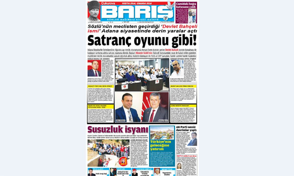 ÇUKUROVA BARIŞ GAZETESİ 15.08.2016 TARİHLİ 1. SAYFA