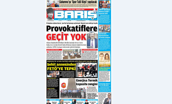 ÇUKUROVA BARIŞ GAZETESİ 19.08.2016 TARİHLİ 1. SAYFA