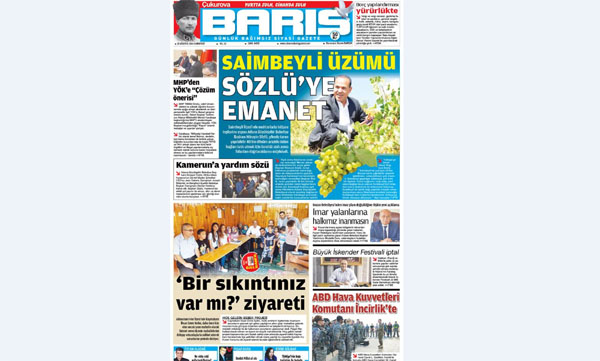 ÇUKUROVA BARIŞ GAZETESİ 20.08.2016 TARİHLİ 1. SAYFA