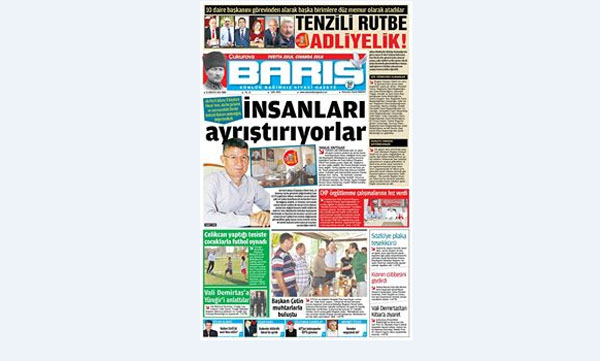 ÇUKUROVA BARIŞ GAZETESİ 26.08.2016 TARİHLİ 1. SAYFA
