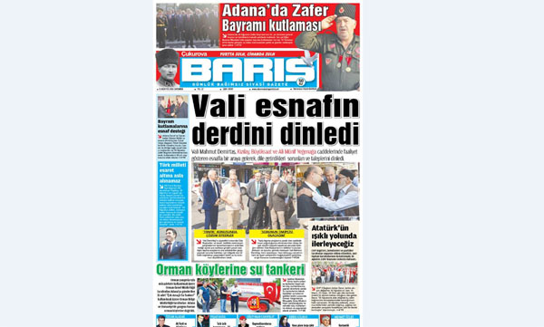 ÇUKUROVA BARIŞ GAZETESİ 31.08.2016 TARİHLİ 1. SAYFA