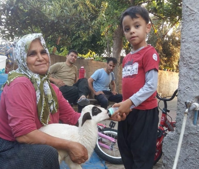 Annesi ölen kuzuyu biberonla besliyor