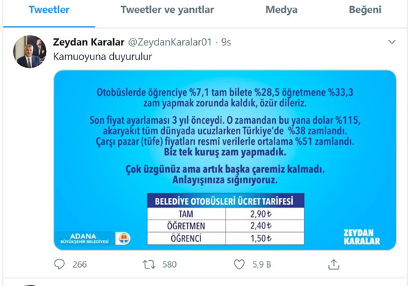 Adana'da ulaşıma zam