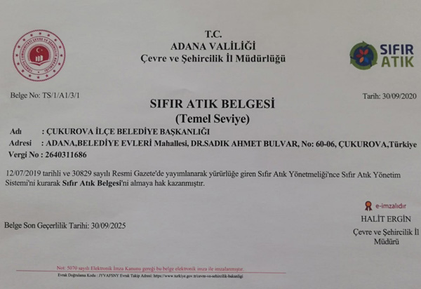 Çukurova Belediyesi “Sıfır Atık Belgesi” aldı