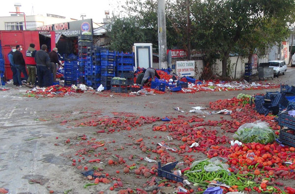 Sebze yüklü tır devrildi