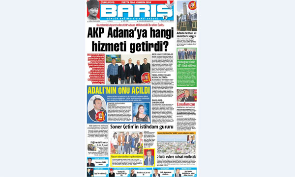 ÇUKUROVA BARIŞ GAZETESİ 18.04.2016 TARİHLİ BİRİNCİ SAYFA