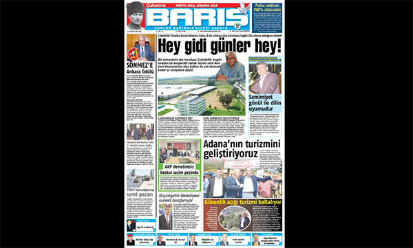 ÇUKUROVA BARIŞ GAZETESİ 19.04.2016 TARİHLİ BİRİNCİ SAYFASI