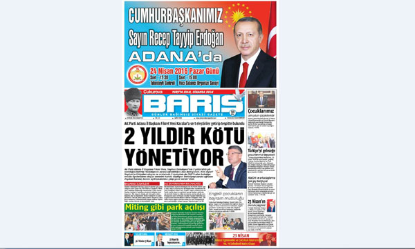 ÇUKUROVA BARIŞ GAZETESİ 23.04.2016 TARİHLİ 1. SAYFA