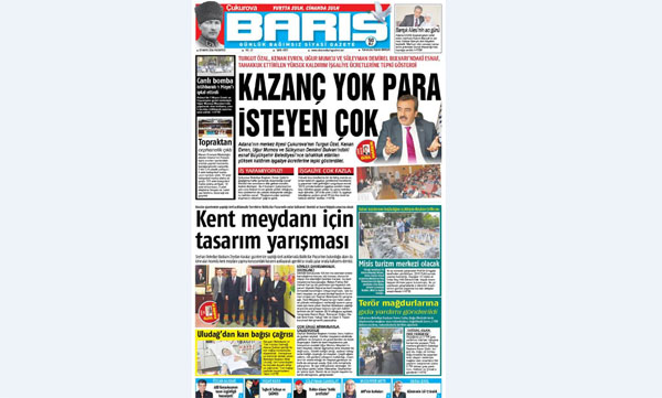 ÇUKUROVA BARIŞ GAZETESİ 02.05.2016 TARİHLİ 1 SAYFA