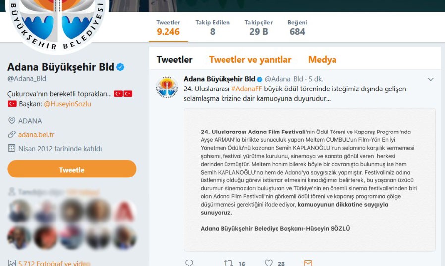 Adana Büyükşehir Belediyesi’nden Meltem Cumbul’a kınama