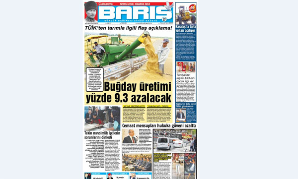 ÇUKUROVA BARIŞ GAZETESİ 30.05.2016 TARİHLİ 1. SAYFA
