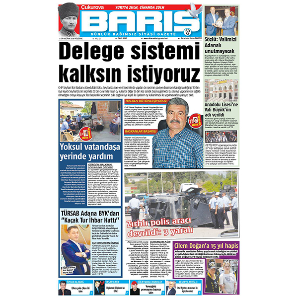 Ç.BARIŞ GAZETESİ 09/06/2016 TARİHLİ 1. SAYFASI